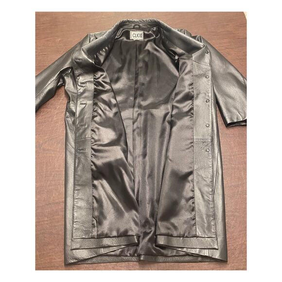 Clio II Black Leather Long Jacket Mid-Length Coat 90s Style Medium - Picture 3 of 7